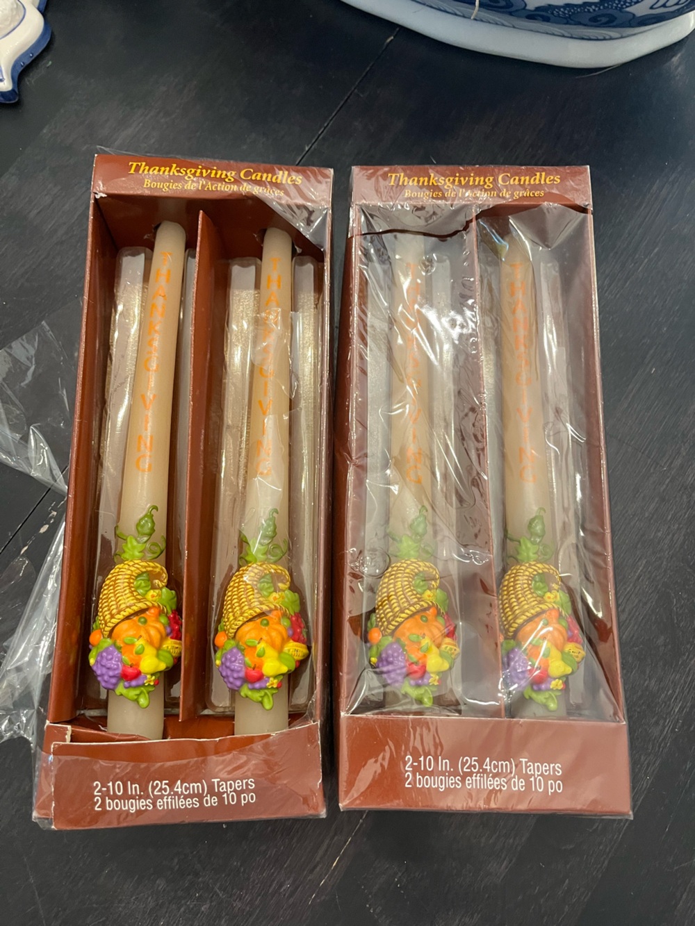 Vintage Thanksgiving Taper Candles 2 sets of 2 with Horn of Plenty.